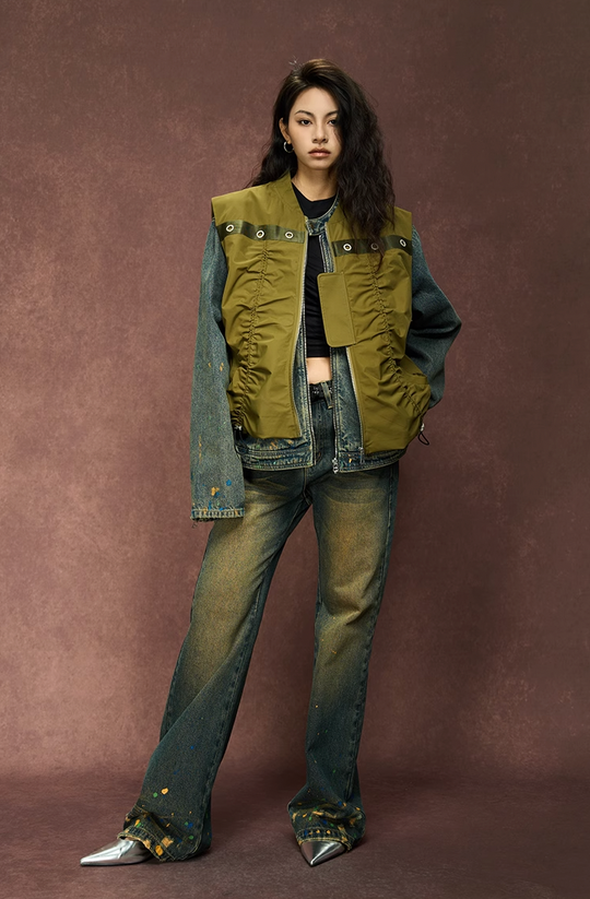 YADcrew Drawstring Pleated Sleeveless Vest