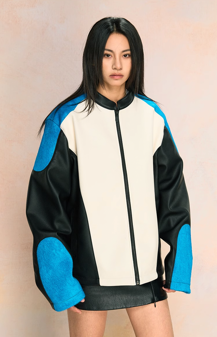 YADcrew Mink Fur Leather Biker Racing Jacket