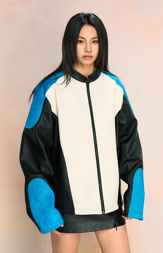 YADcrew Mink Fur Leather Biker Racing Jacket