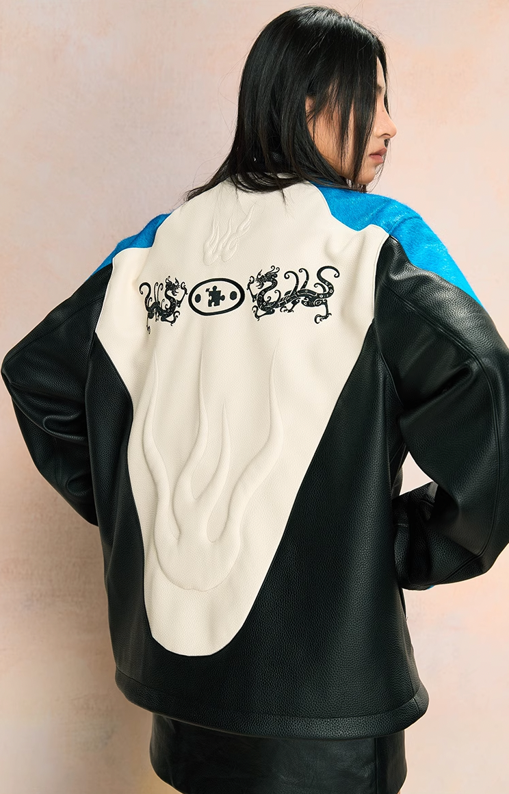 YADcrew Mink Fur Leather Biker Racing Jacket