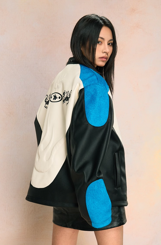 YADcrew Mink Fur Leather Biker Racing Jacket