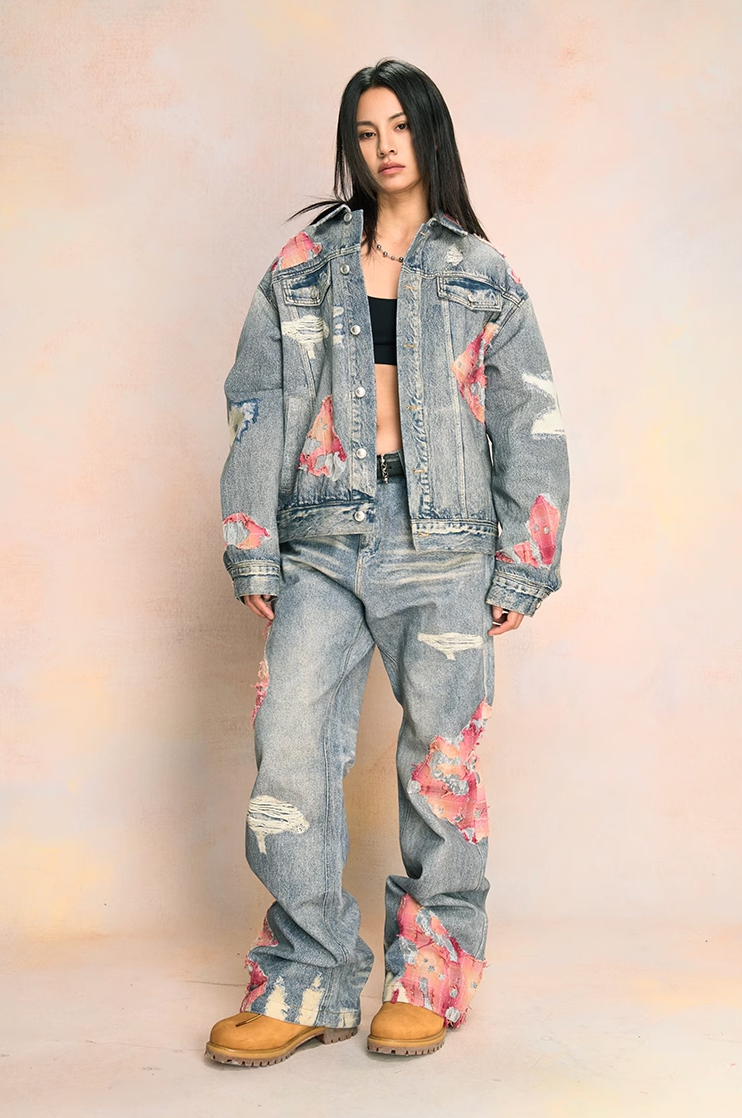 YADcrew Evening Lace Printed Patchwork Denim Jacket