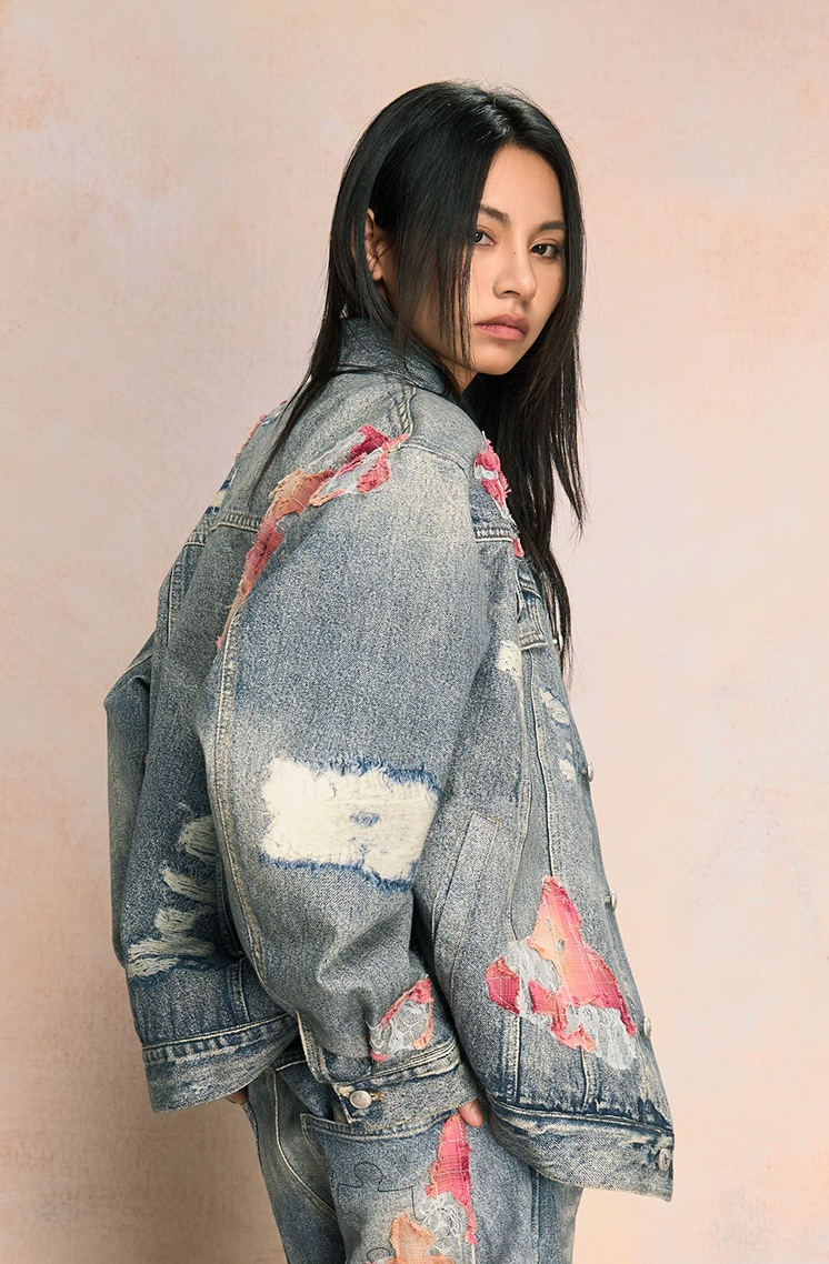 YADcrew Evening Lace Printed Patchwork Denim Jacket