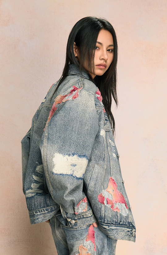 YADcrew Evening Lace Printed Patchwork Denim Jacket