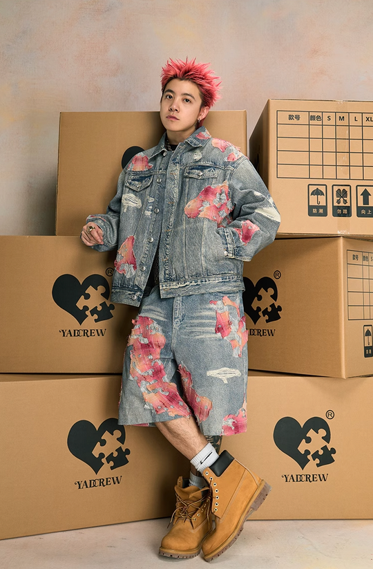 YADcrew Evening Lace Printed Patchwork Denim Jacket