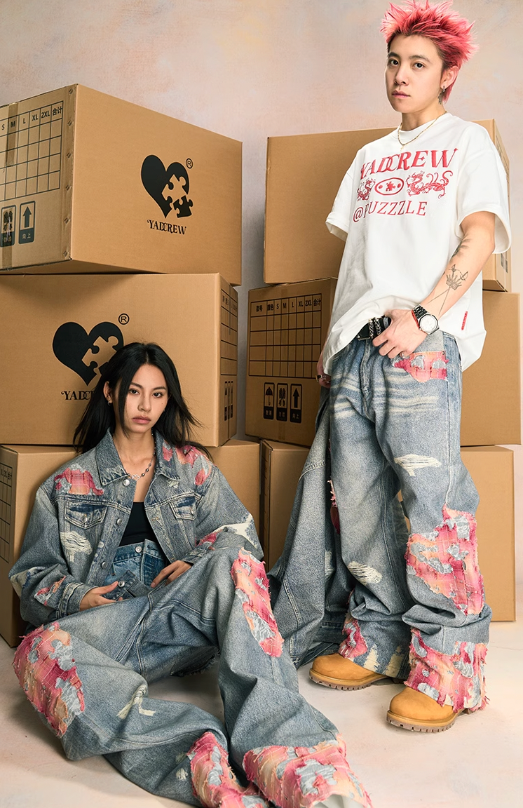 YADcrew Evening Lace Printed Patchwork Denim Jacket