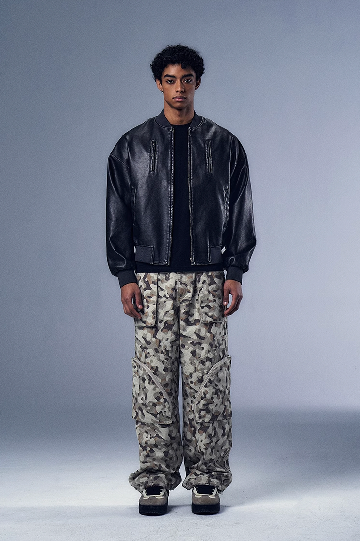 YADcrew x BIPOLAR Distressed 3D Cotton Filled Leather Bomber Jacket