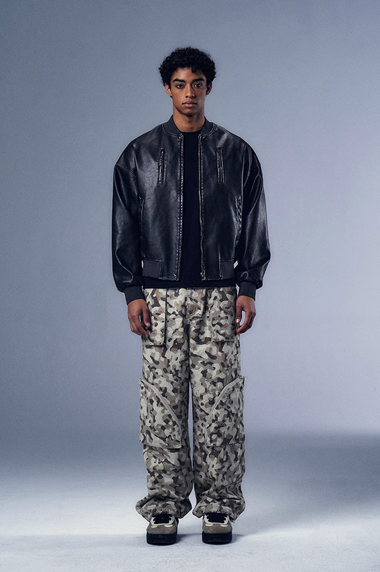 YADcrew x BIPOLAR Distressed 3D Cotton Filled Leather Bomber Jacket