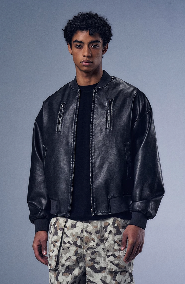 YADcrew x BIPOLAR Distressed 3D Cotton Filled Leather Bomber Jacket