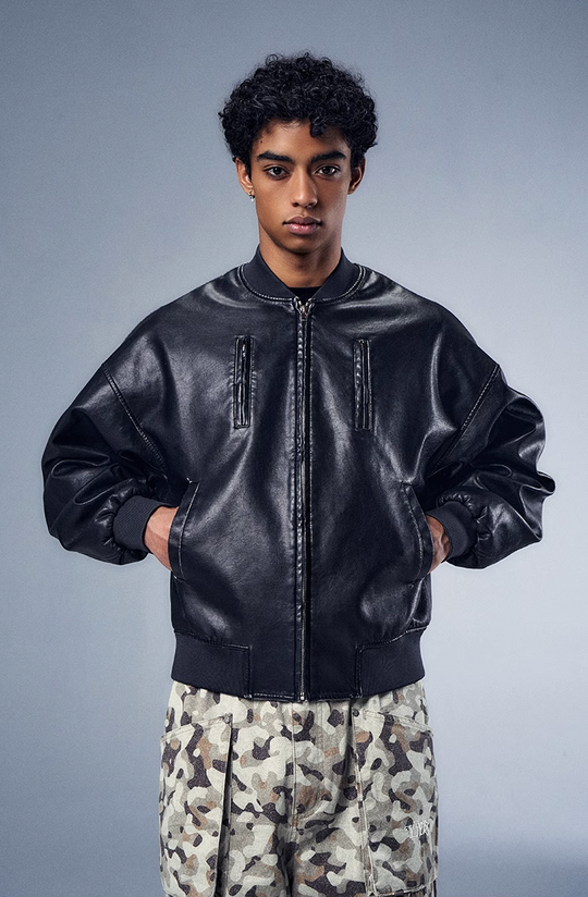 YADcrew x BIPOLAR Distressed 3D Cotton Filled Leather Bomber Jacket