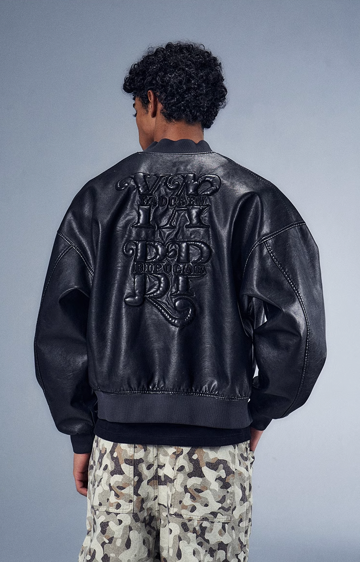 YADcrew x BIPOLAR Distressed 3D Cotton Filled Leather Bomber Jacket