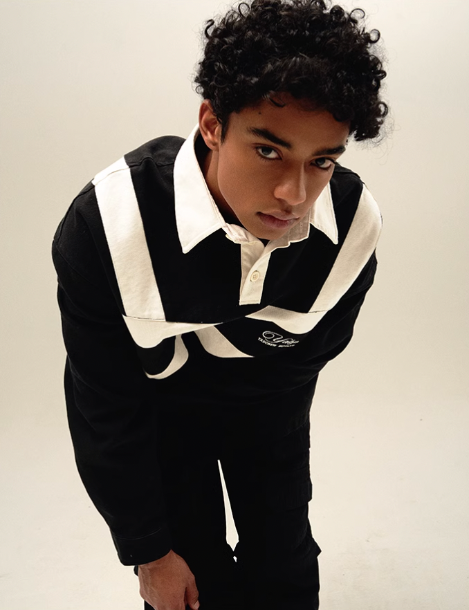 YADcrew x BIPOLAR Embroidered Long Sleeve Patchwork Polo Shirt