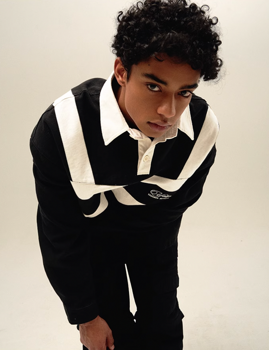 YADcrew x BIPOLAR Embroidered Long Sleeve Patchwork Polo Shirt