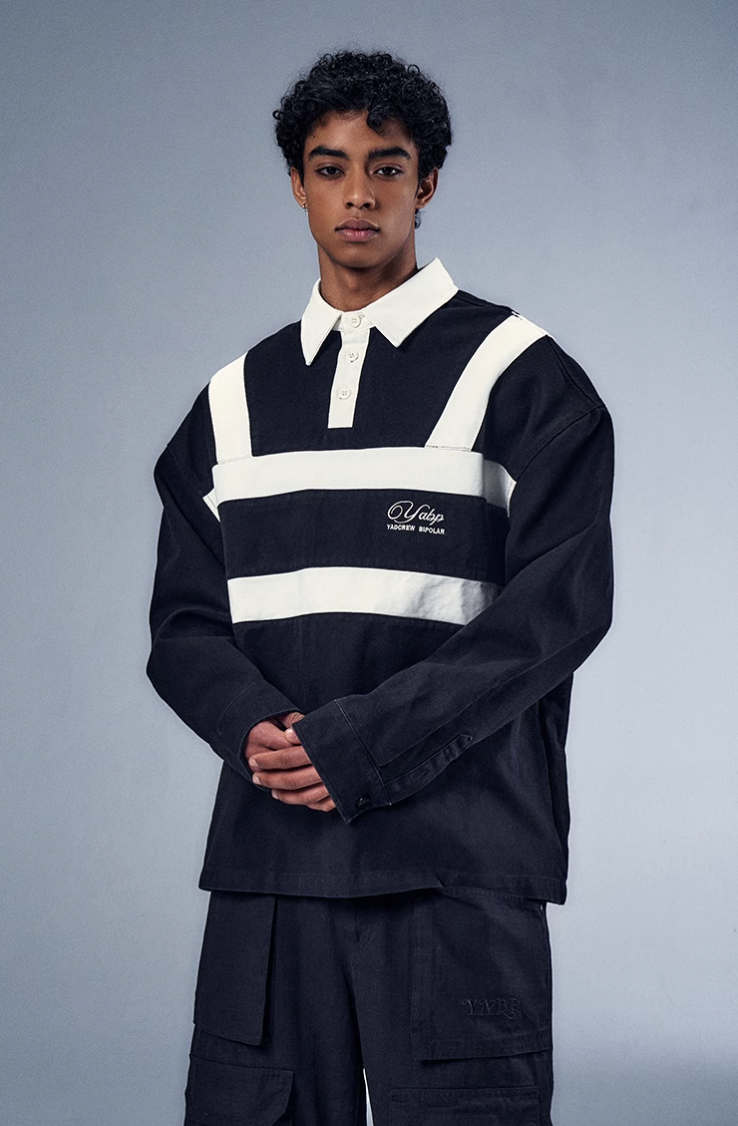 YADcrew x BIPOLAR Embroidered Long Sleeve Patchwork Polo Shirt