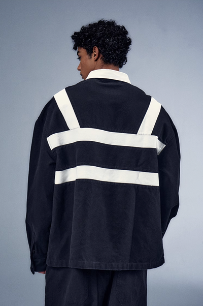 YADcrew x BIPOLAR Embroidered Long Sleeve Patchwork Polo Shirt