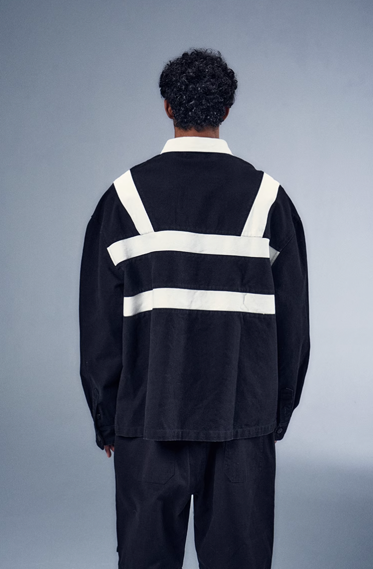 YADcrew x BIPOLAR Embroidered Long Sleeve Patchwork Polo Shirt