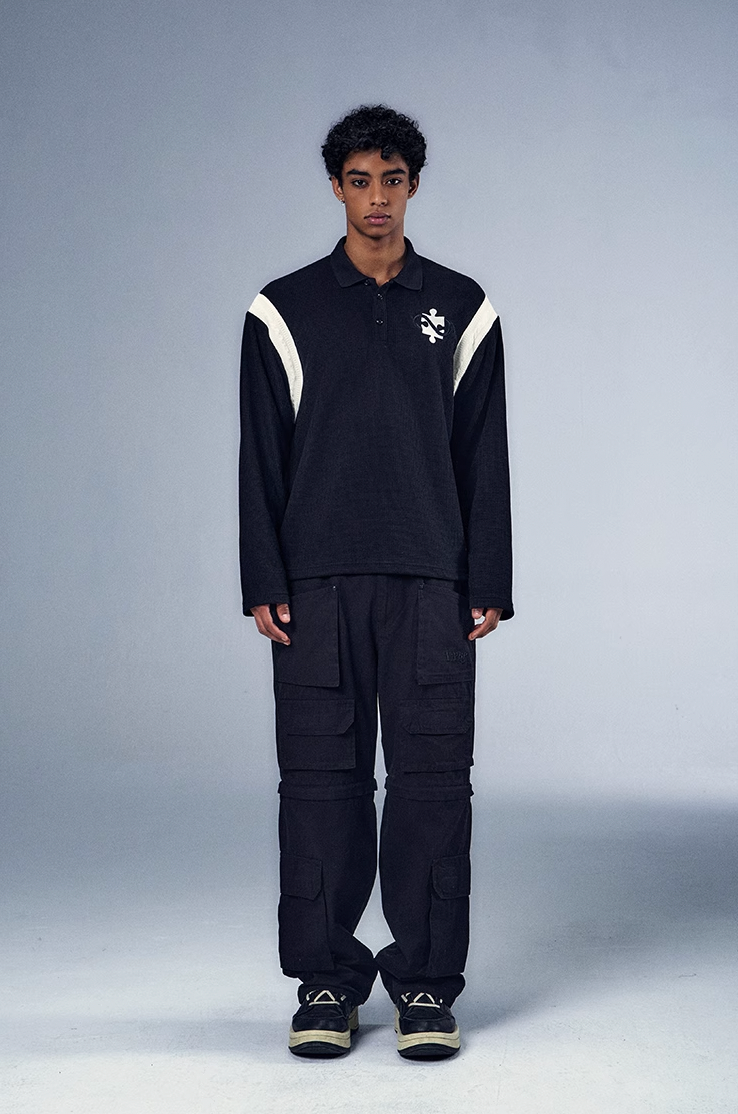 YADcrew x BIPOLAR Patchwork Embroidery Long Sleeve Polo Shirt