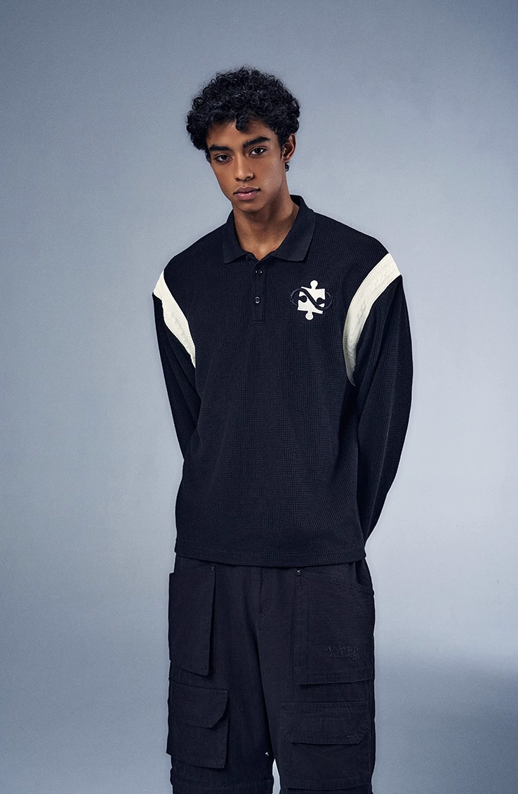 YADcrew x BIPOLAR Patchwork Embroidery Long Sleeve Polo Shirt