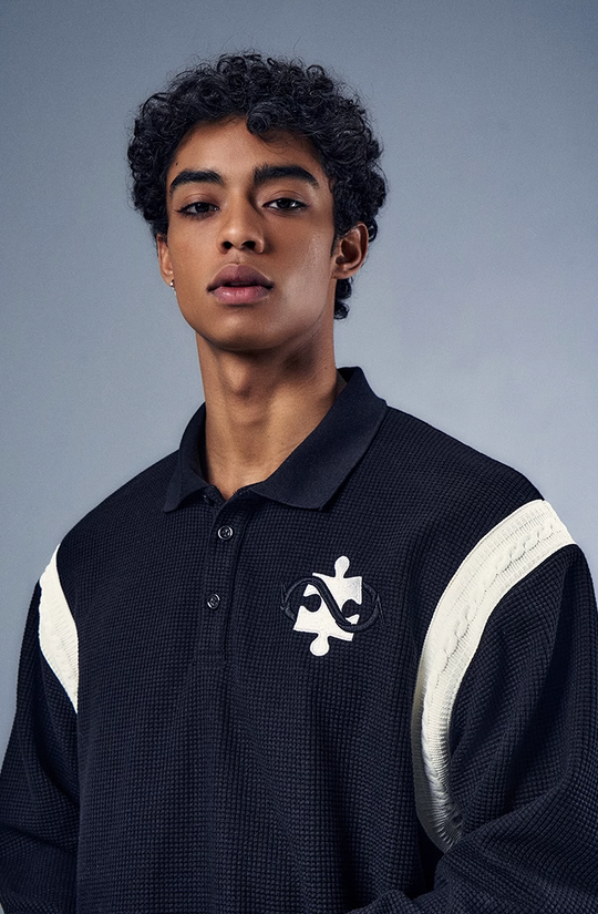 YADcrew x BIPOLAR Patchwork Embroidery Long Sleeve Polo Shirt