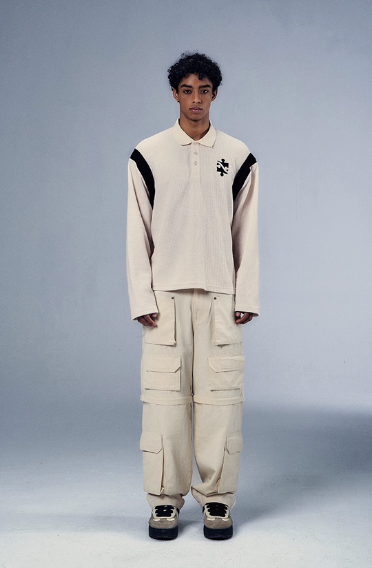 YADcrew x BIPOLAR Patchwork Embroidery Long Sleeve Polo Shirt