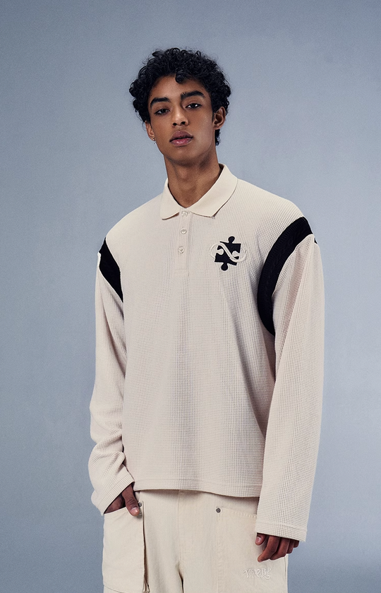 YADcrew x BIPOLAR Patchwork Embroidery Long Sleeve Polo Shirt