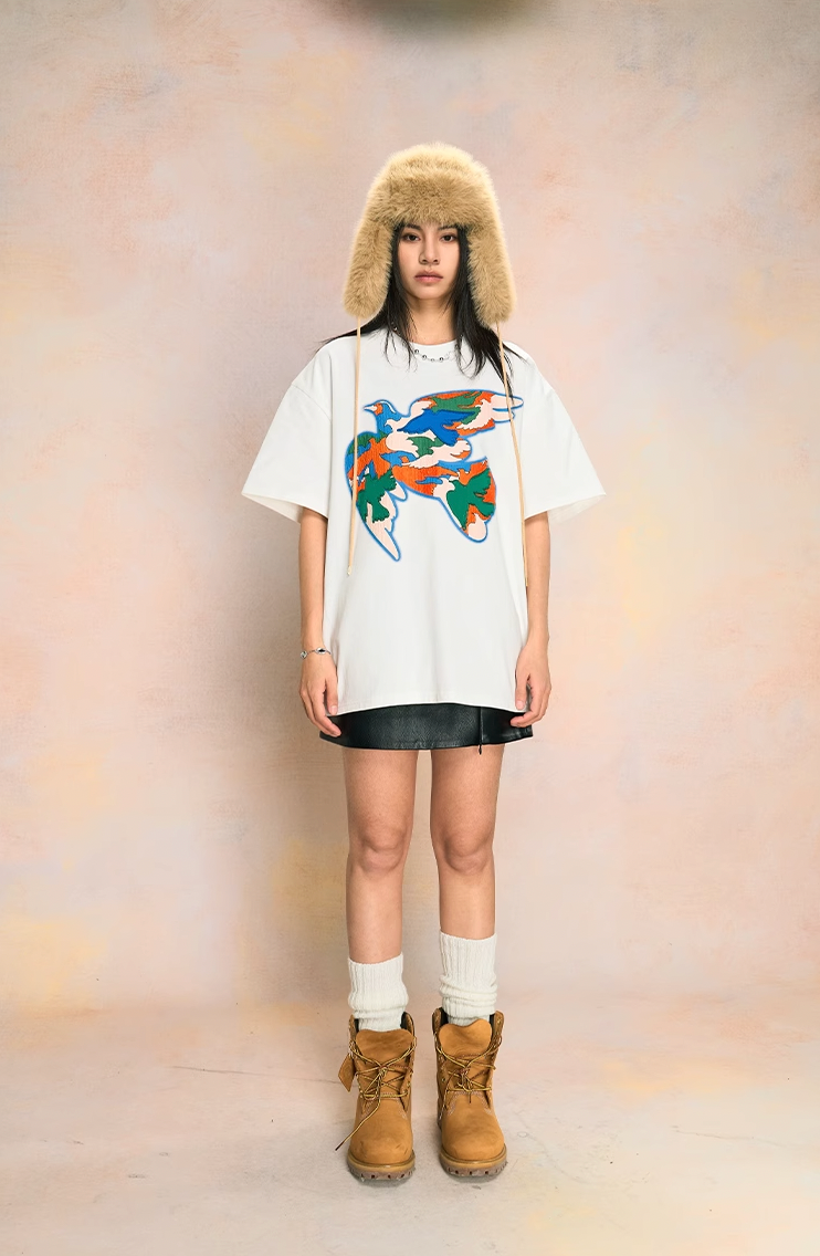 YADcrew Peace Dove Embroidered Pellet Foam Printed Tee