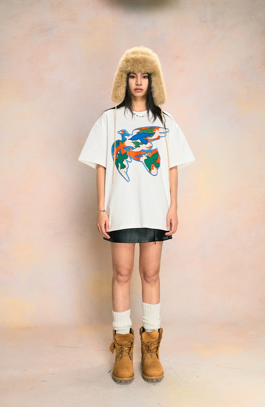 YADcrew Peace Dove Embroidered Pellet Foam Printed Tee
