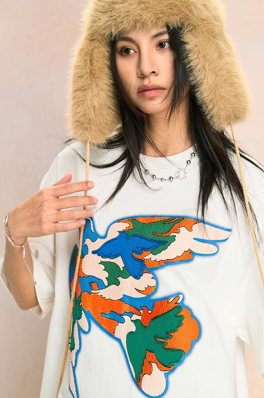 YADcrew Peace Dove Embroidered Pellet Foam Printed Tee