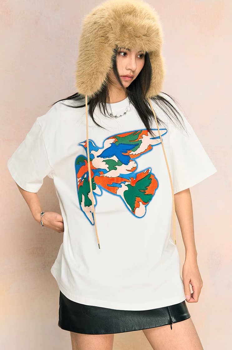 YADcrew Peace Dove Embroidered Pellet Foam Printed Tee