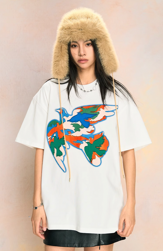 YADcrew Peace Dove Embroidered Pellet Foam Printed Tee