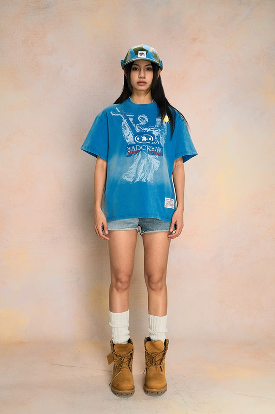 YADcrew Washed & Sprayed Angel Patch Embroidery Print Tee