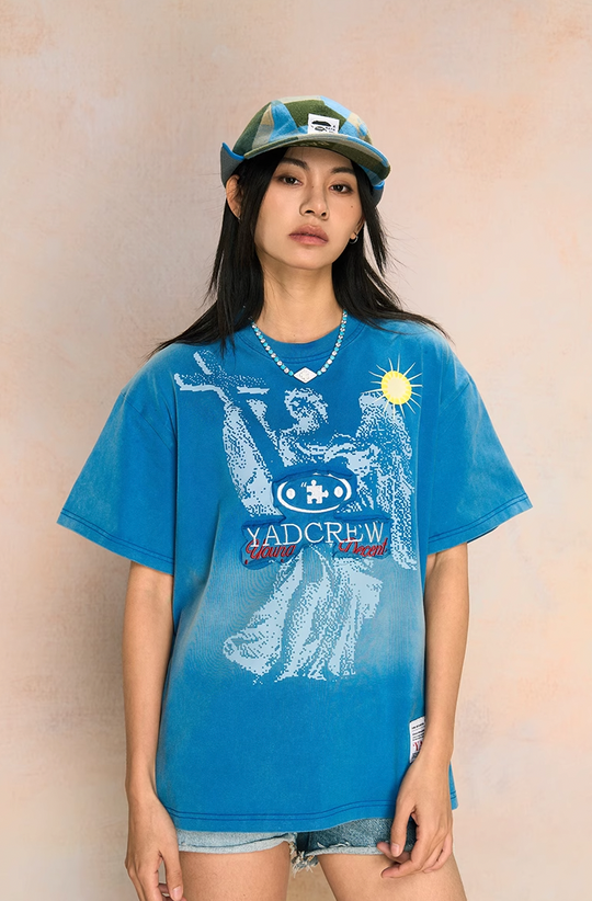 YADcrew Washed & Sprayed Angel Patch Embroidery Print Tee