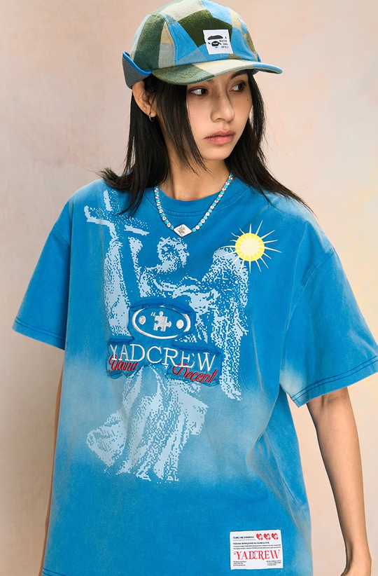 YADcrew Washed & Sprayed Angel Patch Embroidery Print Tee