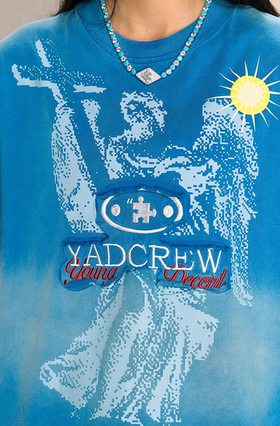 YADcrew Washed & Sprayed Angel Patch Embroidery Print Tee