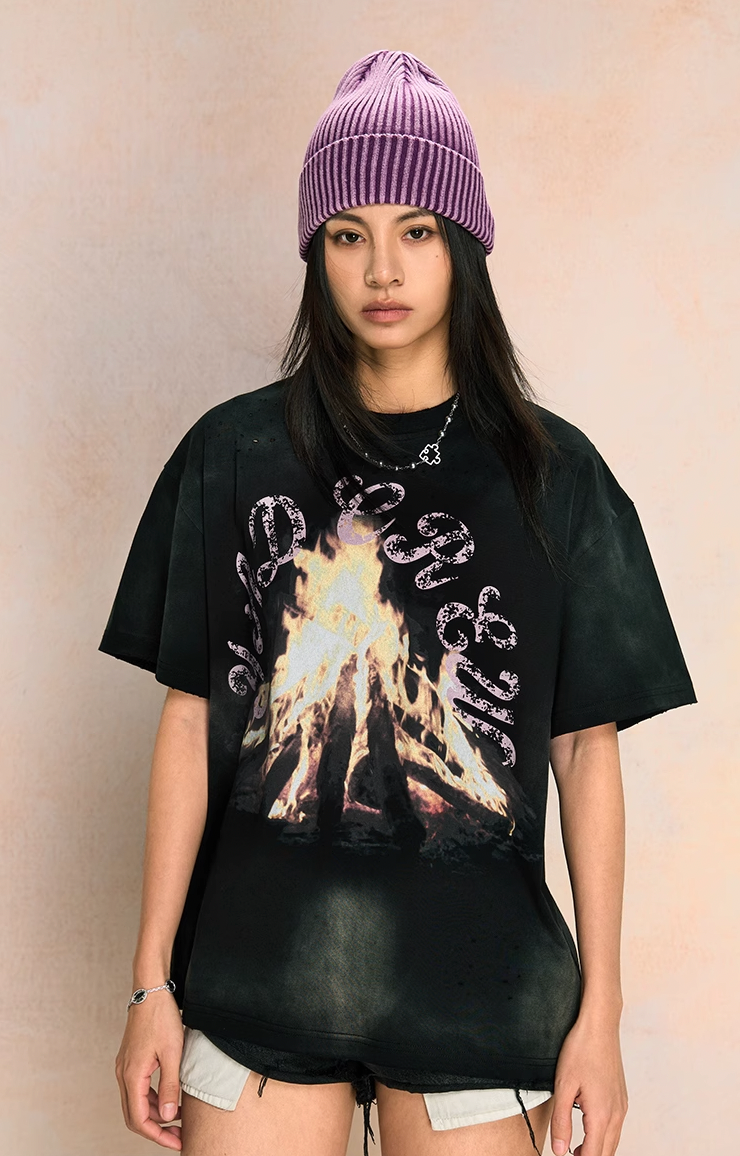 YADcrew Fire Washed & Frayed Tee