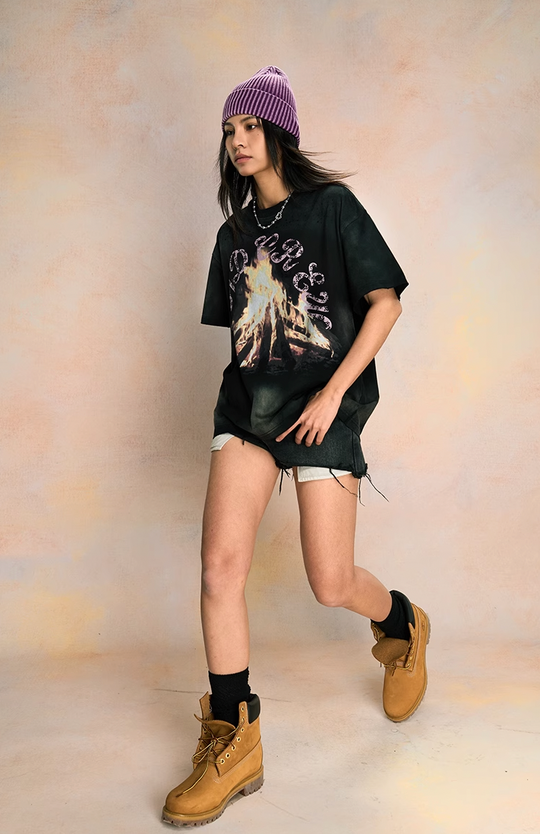 YADcrew Fire Washed & Frayed Tee