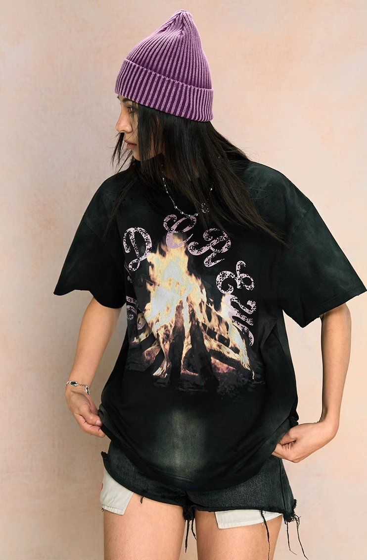 YADcrew Fire Washed & Frayed Tee