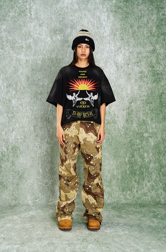 YADcrew R-STAR Sunrise Washed Applique Embroidered Angel Tee