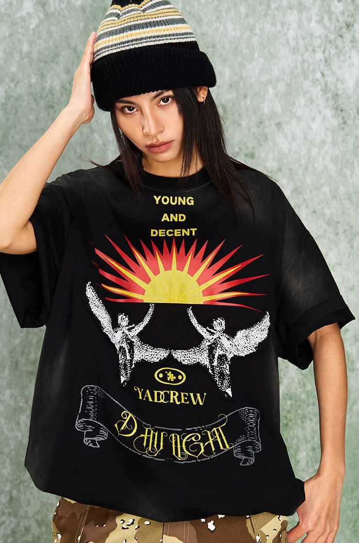 YADcrew R-STAR Sunrise Washed Applique Embroidered Angel Tee