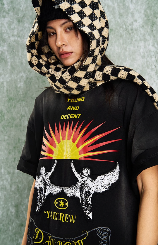 YADcrew R-STAR Sunrise Washed Applique Embroidered Angel Tee