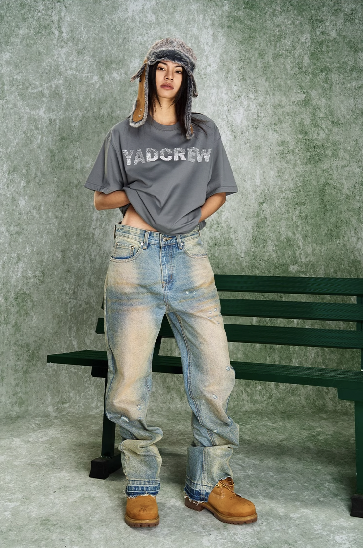 YADcrew Letter Dissipation Bead Tube Embroidery Tee