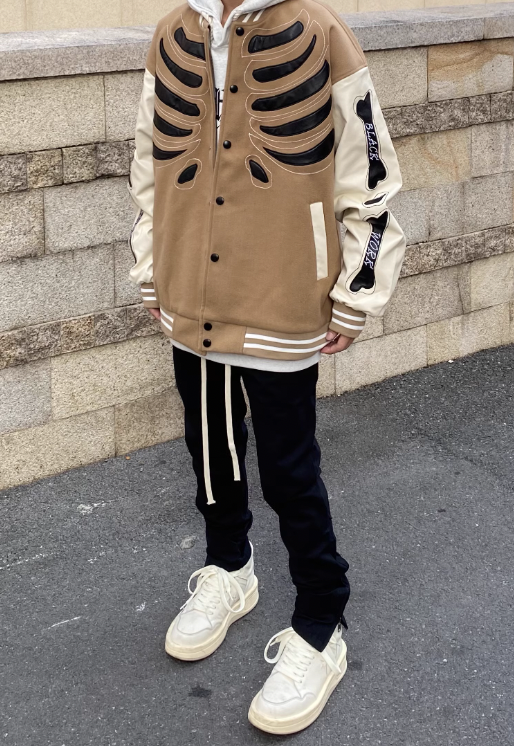 F3F Select PU Leather Skeleton Embroidered Baseball Jacket