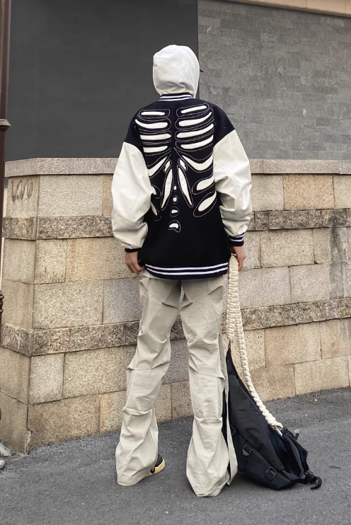 F3F Select PU Leather Skeleton Embroidered Baseball Jacket