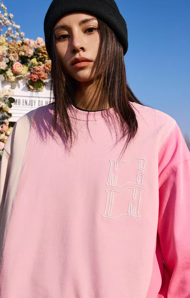 MEDM Three Colors Splicing Letters Embroidery Long Sleeve Tee