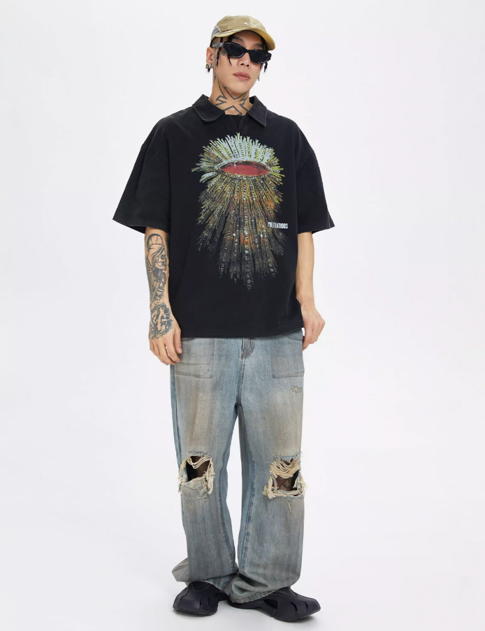 F2CE Washed Distressed Printing Polo Shirt
