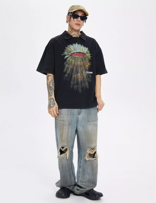 F2CE Washed Distressed Printing Polo Shirt