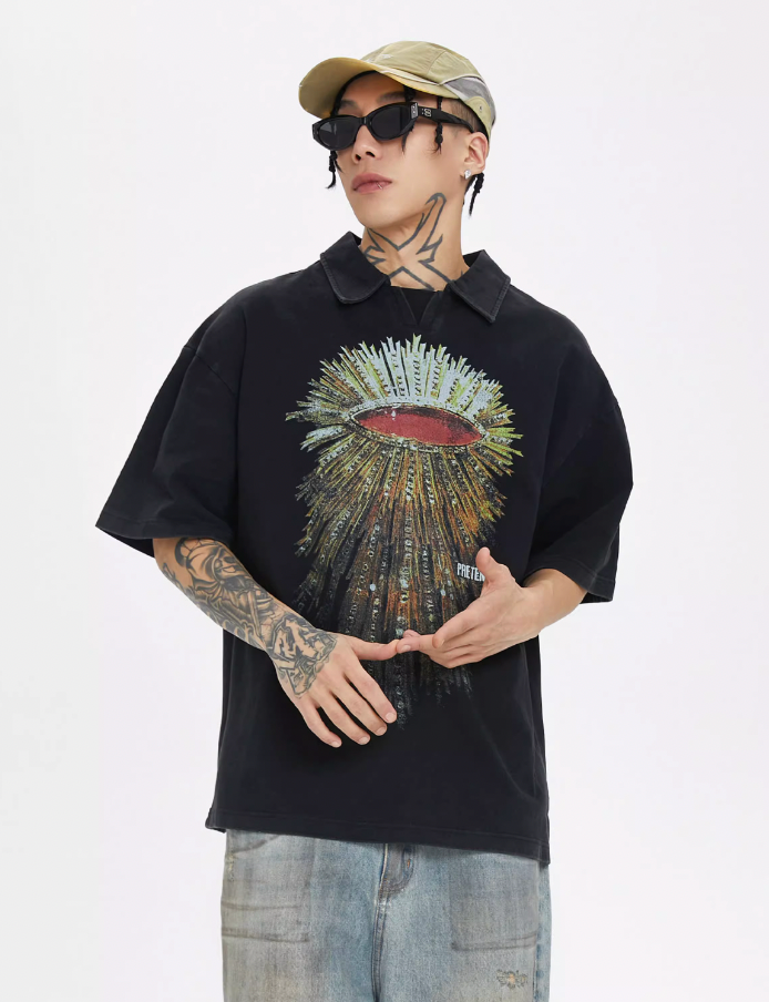 F2CE Washed Distressed Printing Polo Shirt