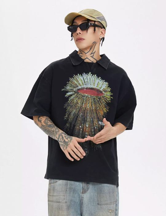 F2CE Washed Distressed Printing Polo Shirt