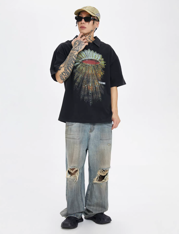 F2CE Washed Distressed Printing Polo Shirt