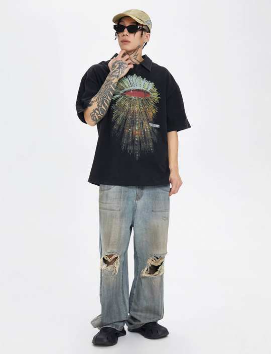 F2CE Washed Distressed Printing Polo Shirt